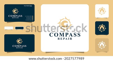 compass and workshop equipment logo design inspiration, pass keys and business card inspiration