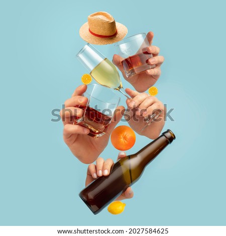 Drinks of your choice. Modern composition in magazine style with human hands holding glasses for alcohol drinks over blue background. Copyspace for ad, offer Royalty-Free Stock Photo #2027584625
