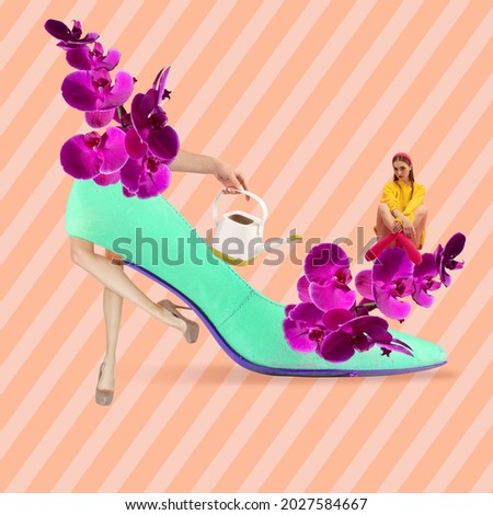Minimal floral design with blooming orchid in womans shoe over pastel background. Funny artwork. Creative art collage. Copyspace for advertisement