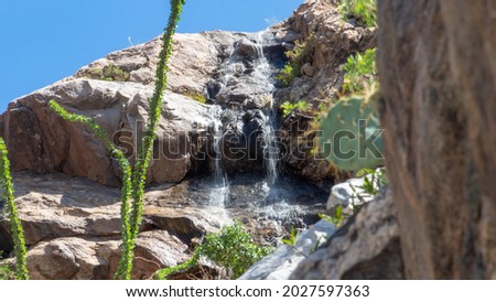 A waterfall in a small stream along the Linda Vista trail in Pusch Ridge, part of the Catalina Mountains north of Tucson, Arizona. Sonoran desert with ocotillo, prickly pear cactus and flowing water.