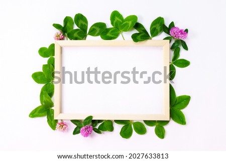Natural composition with clover flowers and a frame for a paper postcard. Creative layout of the copy space.