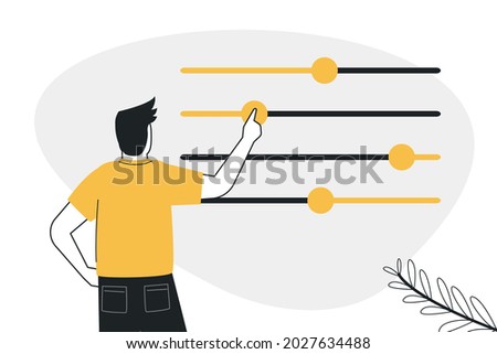 Cartoon man moves different sliders. Guy adjusts various parameters. Concept of custom settings. Male user customize settings. System adjust, control panel. Back view. Change color.Vector illustration Royalty-Free Stock Photo #2027634488