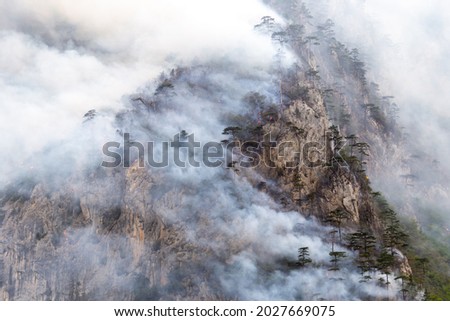 Clouds of white smoke from a fire, resembling mist or fog, on a rocky mountain peak. Trees burning in wildfire on a steep cliff of a hill. Global warming and climate change impact on environment. Royalty-Free Stock Photo #2027669075
