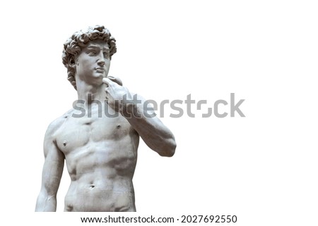 copy of the marble sculpture of David Michelangelo isolated on white background. Ancient greek sculpture, hero statue Royalty-Free Stock Photo #2027692550