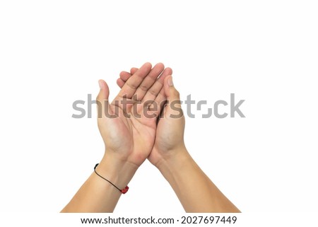 Soft focus of hands of human are pray and worship on isolated white background, Soul of prayer man, Spirituality with believe and religion, Teamwork and cooperation