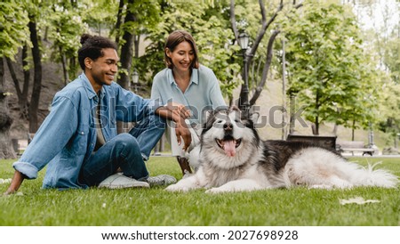 Young mixed-race couple boyfriend and girlfriend students friends walking with malamute dog pet in city park outdoors together on romantic date. Man and woman taking care of a fluffy dog Royalty-Free Stock Photo #2027698928