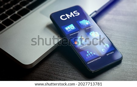 CMS - Content management system concept. Website management cms software for publishing content, seo optimization, administration, user rights settings, site configuration and cms statistics Royalty-Free Stock Photo #2027713781