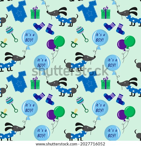 Pattern with a newborn boy. Dog, balloons, clothes and toys. Vector illustration isolated on white background. For use in textiles, prints, invitations, children parties, packaging, covers and flyers
