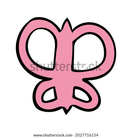 Vector illustration of a pink baby rattle in the shape of a butterfly. Hand drawn icon and symbol for print on baby clothes, poster, sticker, card design. Cartoon design elements. 