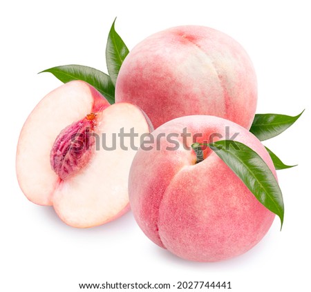 Pink Peach fruit with leaf isolated on white background, Fresh Peach on White Background With clipping path, Royalty-Free Stock Photo #2027744441