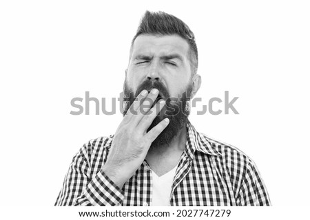 Boring concept. Man bored yawning white background. Fed up. Feel tired and sleepy. Sleepy guy. Bored worker yawning. Hipster cover mouth with palm while yawning. Why people yawn. Show indifference
