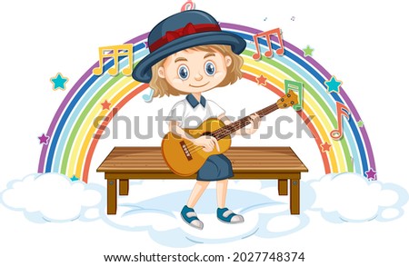 Girl playing guitar with melody symbols on rainbow illustration