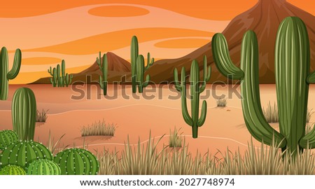 Desert forest landscape at sunset time scene with many cactuses illustration