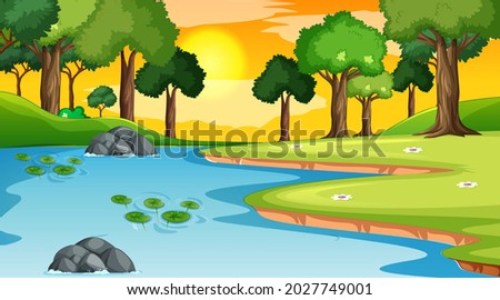 Landscape scene of forest with river and many trees illustration