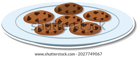 Chocolate chip cookies in plate sticker on white background illustration