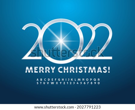 Vector Modern Greeting Card Merry Christmas 2022! Silver elegant Font. Metallic Alphabet Letters and Numbers set