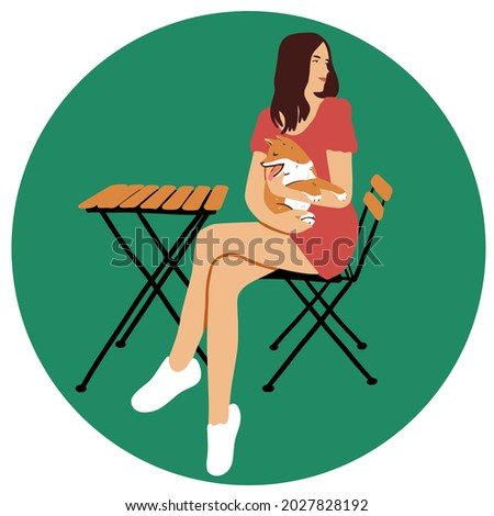 Cute young girl with shiba inu breed dog sit at table in cafe vector cartoon flat illustration. A character with a pet. Isolated on white background. EPS 10