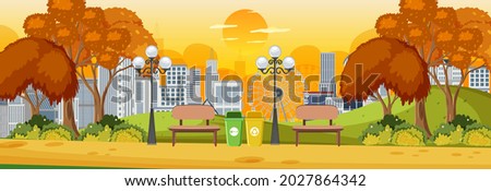 Park in autumn season horizontal scene with cityscape background illustration