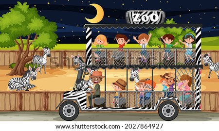 Safari at night scene with many kids watching zebra group illustration