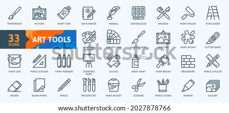 Paint art tools, design - thin line web icon set. Contains such Icons as Spray, Color palette, Paint Bucket and more. Outline icons collection. Simple vector illustration.