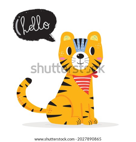 Hand drawing doodle cute tiger,  tiger vector illustration for t-shirt ,card, poster design for kids. Vector illustration design for fashion fabrics, textile graphics, prints, tiger cartoon 