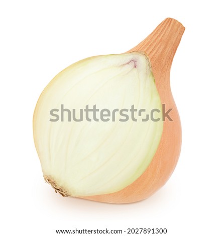 Halved golden onion isolated on white background.