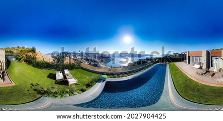 360 panorama of apartment buildings, modern villa pool and beautiful landscapes with sea. 360 degree luxury resort, holiday  vacation landscape, resort hotel swimming pool