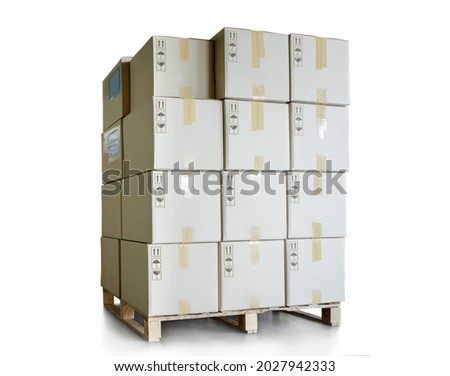 Stack of Package Boxes on Pallet Isolated on White Background. Supply Chain Cardboard Boxes, Packaging Stoage. Cargo Shipment Logistics transport.