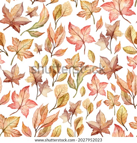 Square seamless pattern with watercolor autumn withered leaves. Hand painted clip art botany. Brown and golden fall plants. Wrapping paper and background design