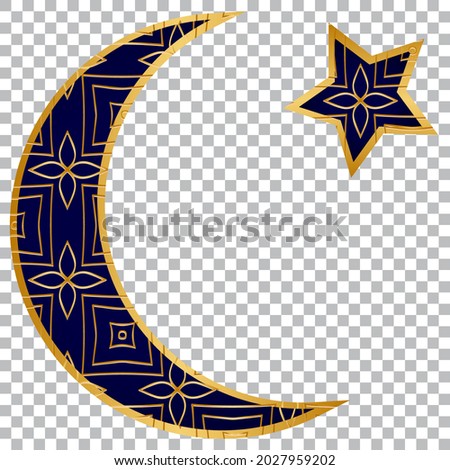 Islamic crescent moon and star with original gold geometric convex 3D pattern. Template on an isolated background. Vector graphics for design, logo, greeting card, presentation, business card.