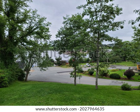 A treed and maintained park on the corner of a roadway. At the bottom of the hill is a mustard yellow building, a parking lot, and a stunning, waterfront, view of the bay.