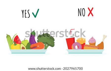 Food choice: vegetables, fruits, fish or hot dog, french fries, burger. Fast Food vs balanced menu. Healthy and junk eating. Choose what you eat. Eat healthy food. Say yes to proper nutrition. Royalty-Free Stock Photo #2027965700