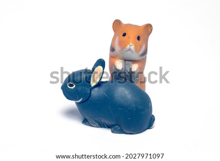 Rabbit and mouse doll on white background
