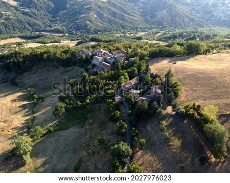 Aerial view of the small village of Roncovetro is part of the municipality of Canossa, in the province of Reggio Emilia, in the region Emilia-Romagna.