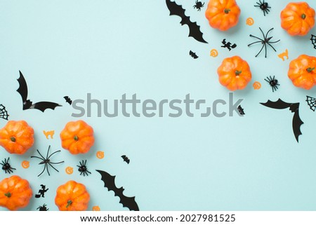 Top view photo of halloween decorations small pumpkins spiders web cat witch and bats silhouettes on isolated pastel blue background with empty space