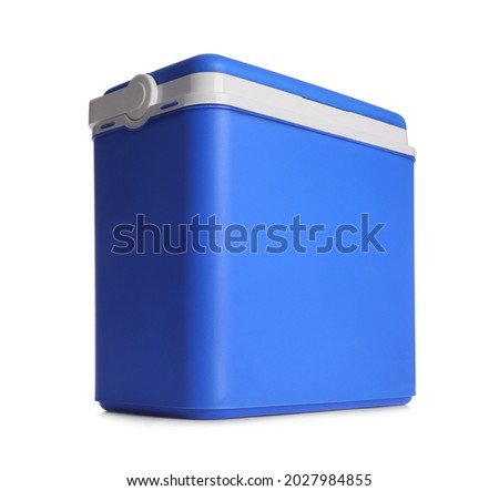 Closed blue plastic cool box isolated on white, low angle view Royalty-Free Stock Photo #2027984855