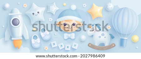 Hand drawn baby boy shower set. Realistic vector illustration of cartoon baby boy, helium balloons, rocket, hot air balloon and flowers isolated on blue background Royalty-Free Stock Photo #2027986409