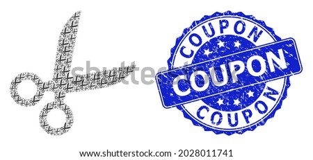 Coupon dirty round stamp seal and vector recursive collage scissors. Blue seal includes Coupon title inside round shape. Vector collage is done of repeating scissors icons.