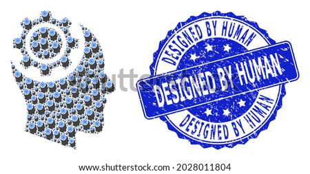 Designed by Human dirty round seal and vector recursive mosaic human intellect gear. Blue stamp seal includes Designed by Human tag inside round shape.