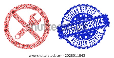 Russian Service dirty round stamp and vector recursive collage forbidden repair. Blue stamp includes Russian Service tag inside round shape.