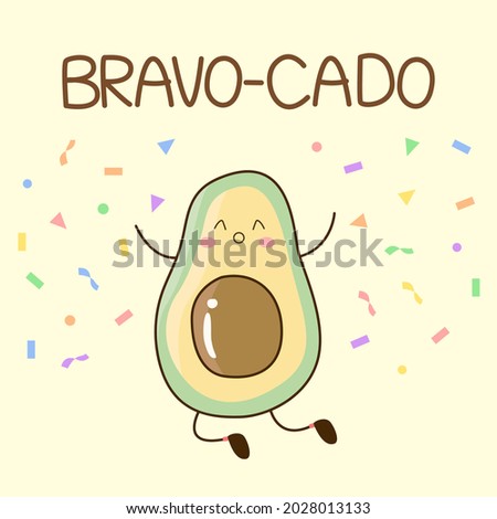 Cute joyful avocado jumping among colorful confetti with quote "Bravo-cado" on pastel yellow background. Fruit and food pun for card design in happy concept