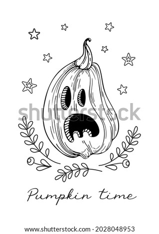 Vector graphic doodle illustration in vintage style for halloween. Pumpkin - ghost, jack-o -lantern. Autumn vegetables and leaves. For stickers, posters, postcards, design elements, tattoo