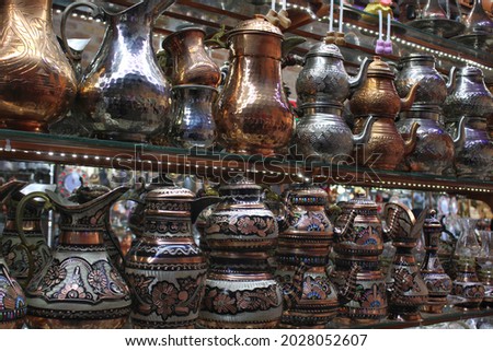 Turkish  pots, tea , coffee kettles and souvenirs are made of copper. Turkish kettles in Coppersmith Bazaar in Gaziantep.