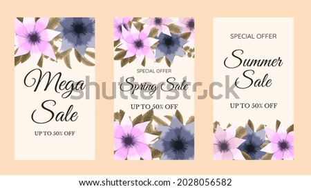 Trendy editable flowers and leaves floral template for social networks stories, vector illustration. Design backgrounds for social media.