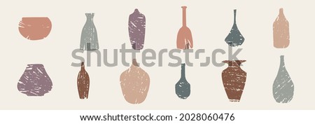 Vector handdrawn textured trendy artistic clay pots, vases, jugs, jars. Wall art creation collection. Neutral colors design elements, pottery logo illustrations. Vintage ceramic bottle creativity set Royalty-Free Stock Photo #2028060476