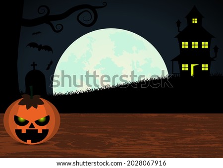 Pumpkin on Wood Table with Scary House and Tomb in the Dark Night with Big Moon Background, Suitable for Halloween Concept.
