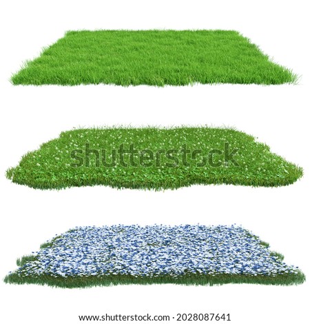 Collection squares surface patch covered with flowers and green grass isolated on white background. Realistic natural element for design. Bright 3d illustration. Royalty-Free Stock Photo #2028087641