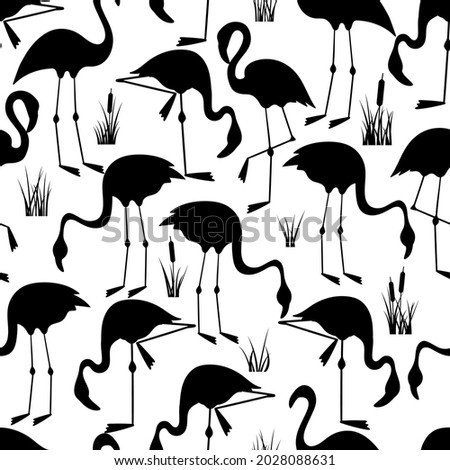 Flamingo silhouette with reed. Seamless pattern.
