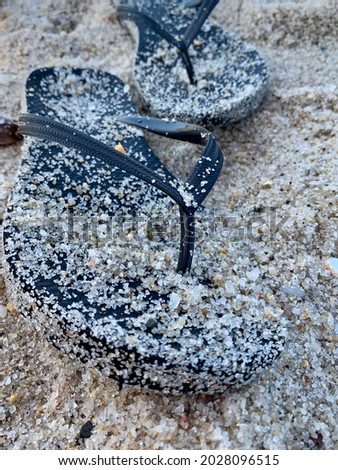 A pair of plain, black flip flops that have been covered with sand at the beach. They are laying next to each other with the ocean and endless sand behind them.