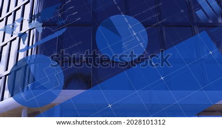 Image of financial data processing with world map and statistics recording over modern building. global business and finances concept digitally generated image.